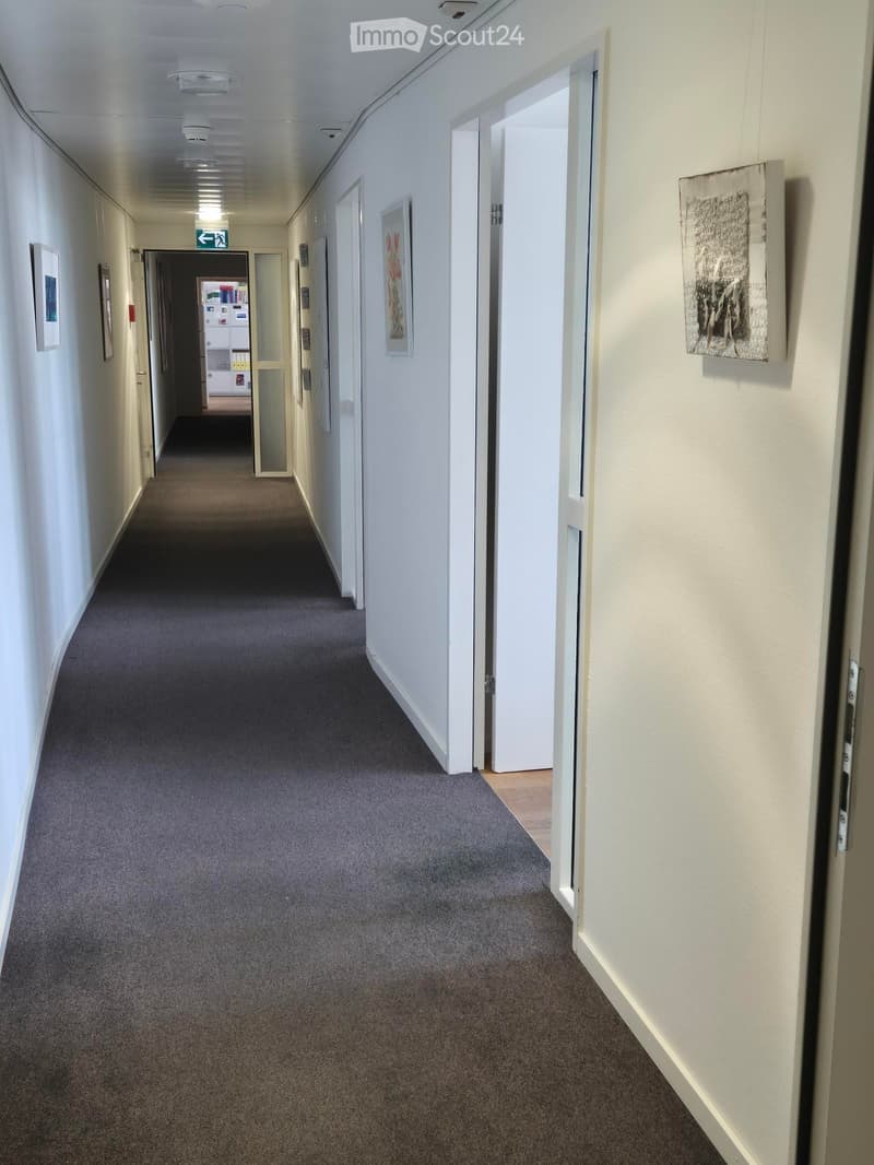 Clean, well-lit hallway with white walls, carpeted floor, and several doors on both sides. Artwork is displayed on the walls, and an emergency exit sign is visible.