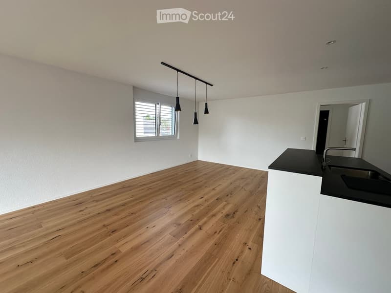Empty room with wooden flooring, white walls, and a small kitchen counter with a sink. There is a window with blinds and pendant lights hanging from the ceiling.