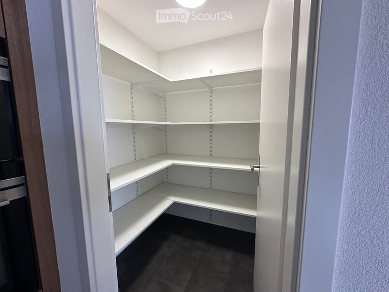 Empty closet with white built-in shelves and a wooden door frame.