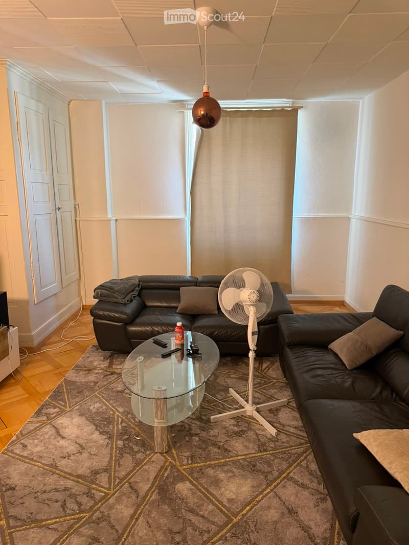 Modern living room with a black leather sofa, glass coffee table, standing fan, and a patterned rug on a wooden floor.