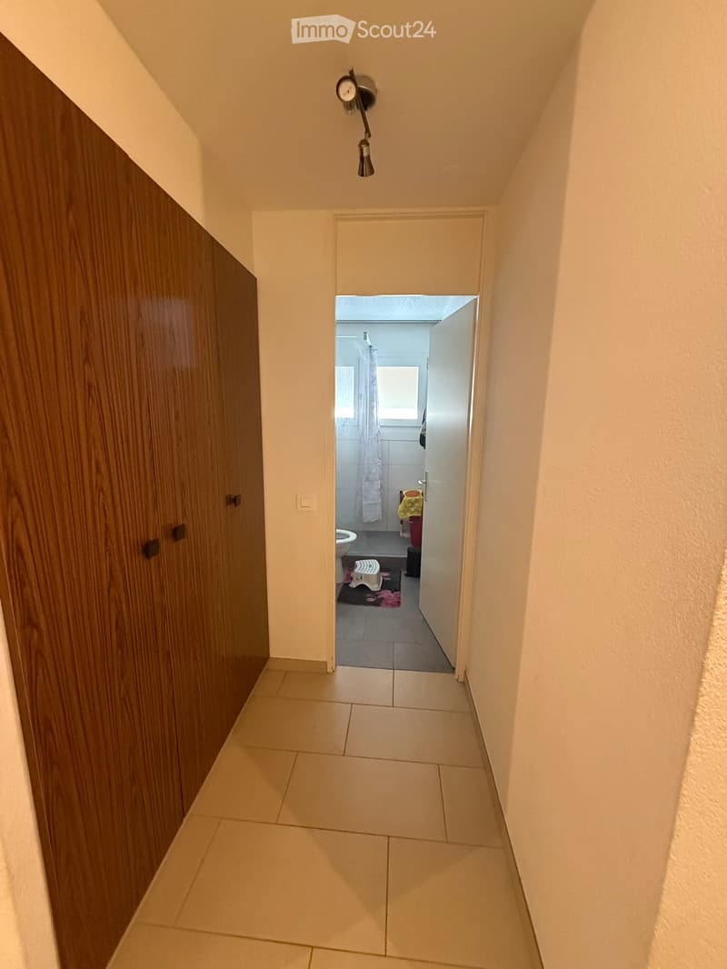 A narrow hallway with tiled flooring, light-colored walls, and a wooden cabinet on the left side. A small bathroom is visible at the end of the hallway, featuring a toilet, a shower curtain, and a small rug.