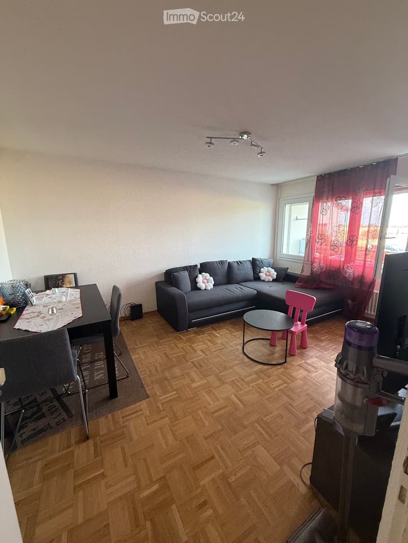 Living room with wooden flooring, grey sectional sofa, small round table, pink chair, and a TV screen. The room features a window with red curtains and a dining table with chairs.