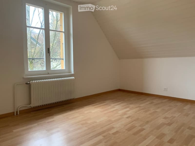 Empty attic room with wooden flooring, white walls, and a large window with a radiator below it.