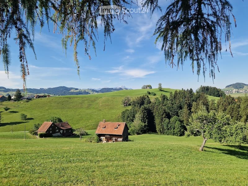 A peaceful rural landscape with rolling green hills, scattered trees, and several small houses with red-tiled roofs nestled among the greenery.