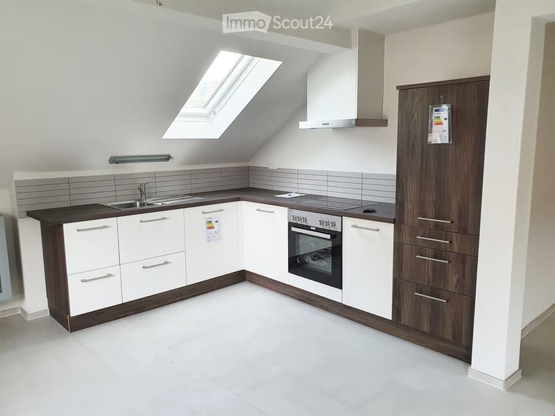 Modern kitchen with white cabinets, dark wood accents, stainless steel sink, and built-in oven. Features a skylight window and sleek design.