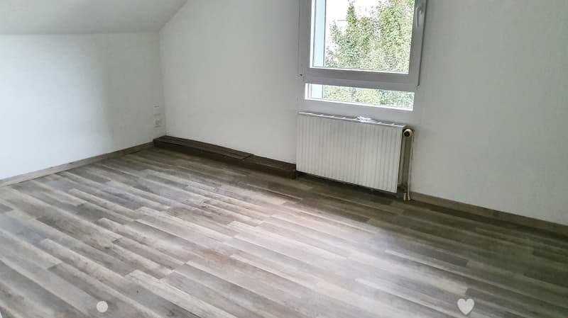Empty room with wooden flooring, white walls, and a radiator. A window with a view of greenery is visible.