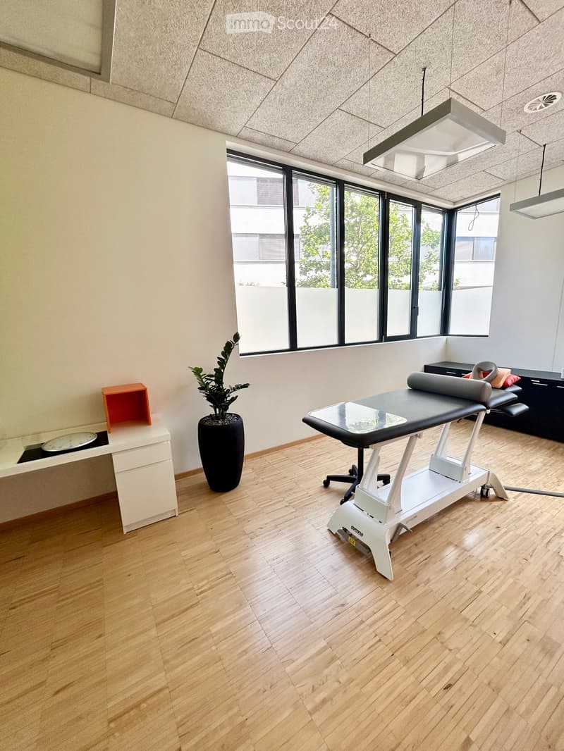 Modern, well-lit room with wooden flooring, large windows, massage table, desk, potted plant, and cabinet.