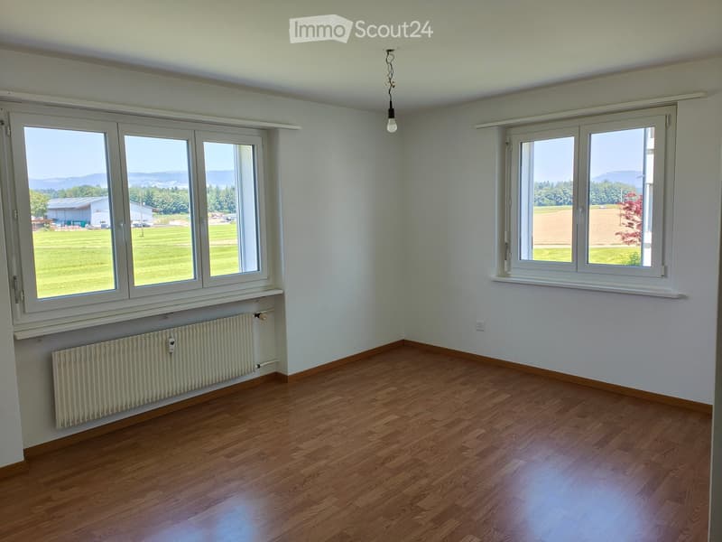 Empty room with wooden flooring, white walls, large windows, radiator, and a hanging light fixture.