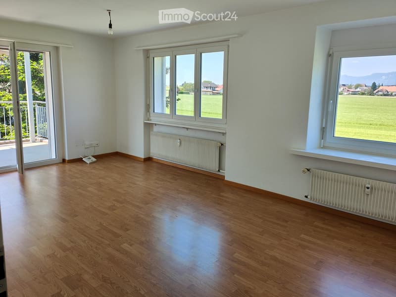 Empty room with wooden flooring, white walls, large windows, radiators, and an open sliding door leading to a balcony.
