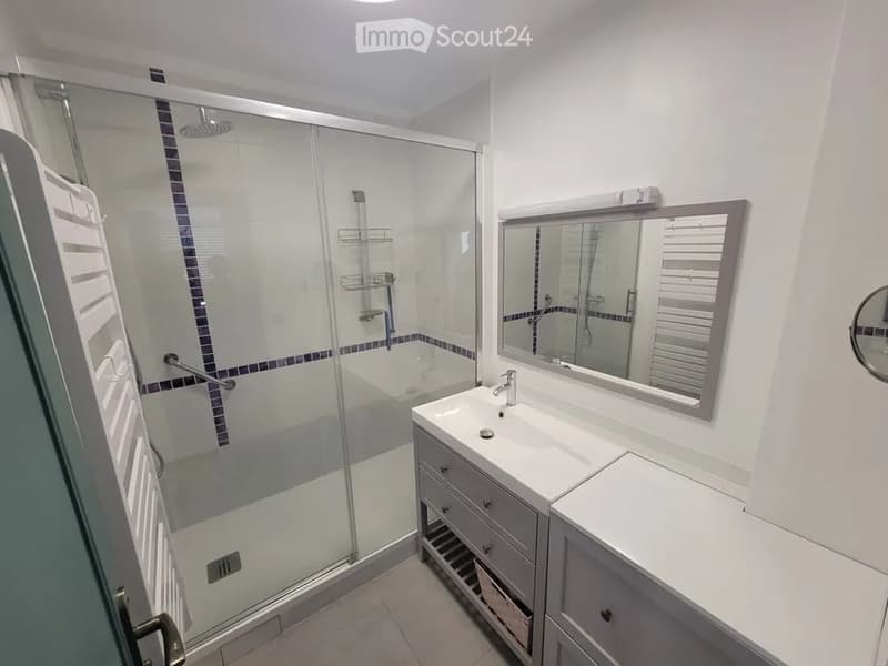 Modern bathroom with a glass-enclosed shower, a bathtub, a double sink vanity with a large mirror, and grey cabinets.