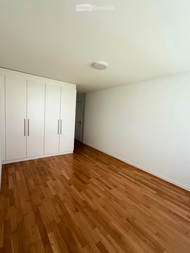 Empty room with light wooden flooring and white walls, featuring built-in white cabinetry on one side and a recessed ceiling light.