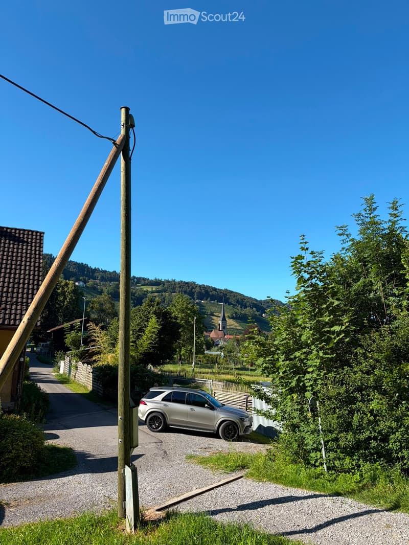 A rural driveway with a parked car, surrounded by greenery and a distant view of a village and hills.