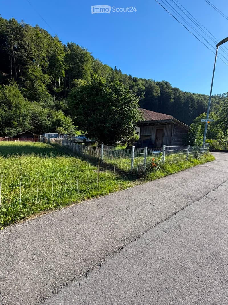 A rural road leads to a small wooden house surrounded by a metal fence, with lush green trees and hills in the background.
