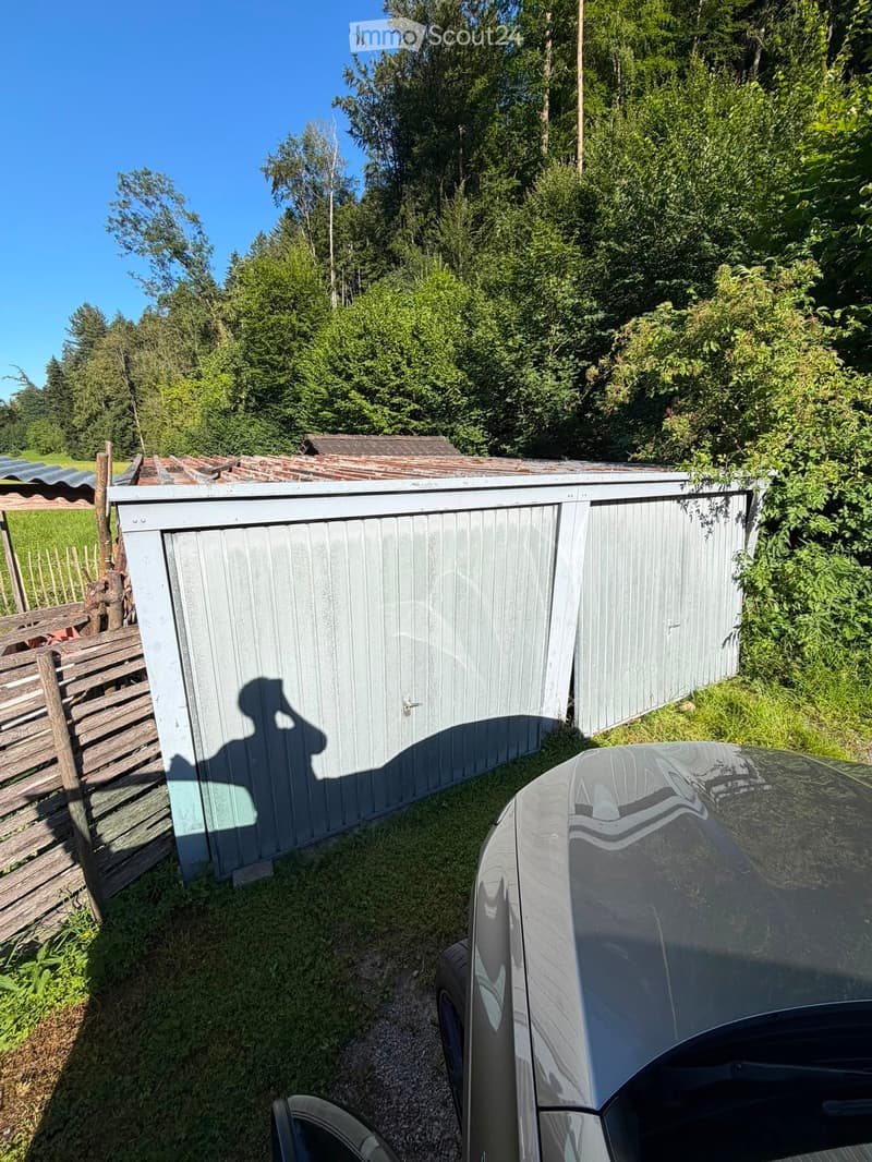 A metal shed with a corrugated roof is situated in a grassy area surrounded by trees and bushes. A wooden fence and a parked car are visible nearby.
