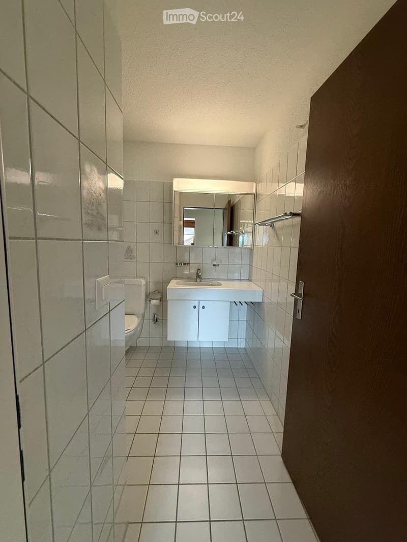 Modern bathroom with white tiles, a toilet, a sink with a mirror, and a cabinet below the sink.