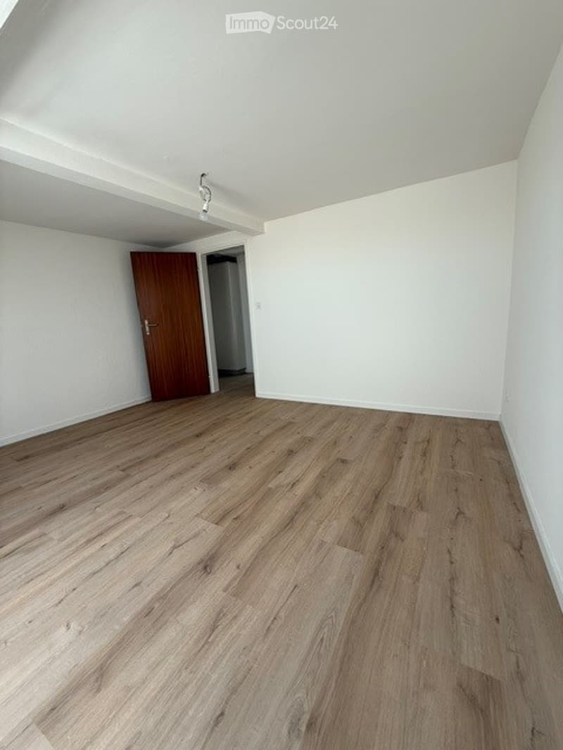 Empty room with light wooden flooring, white walls, and a single wooden door leading to another space.