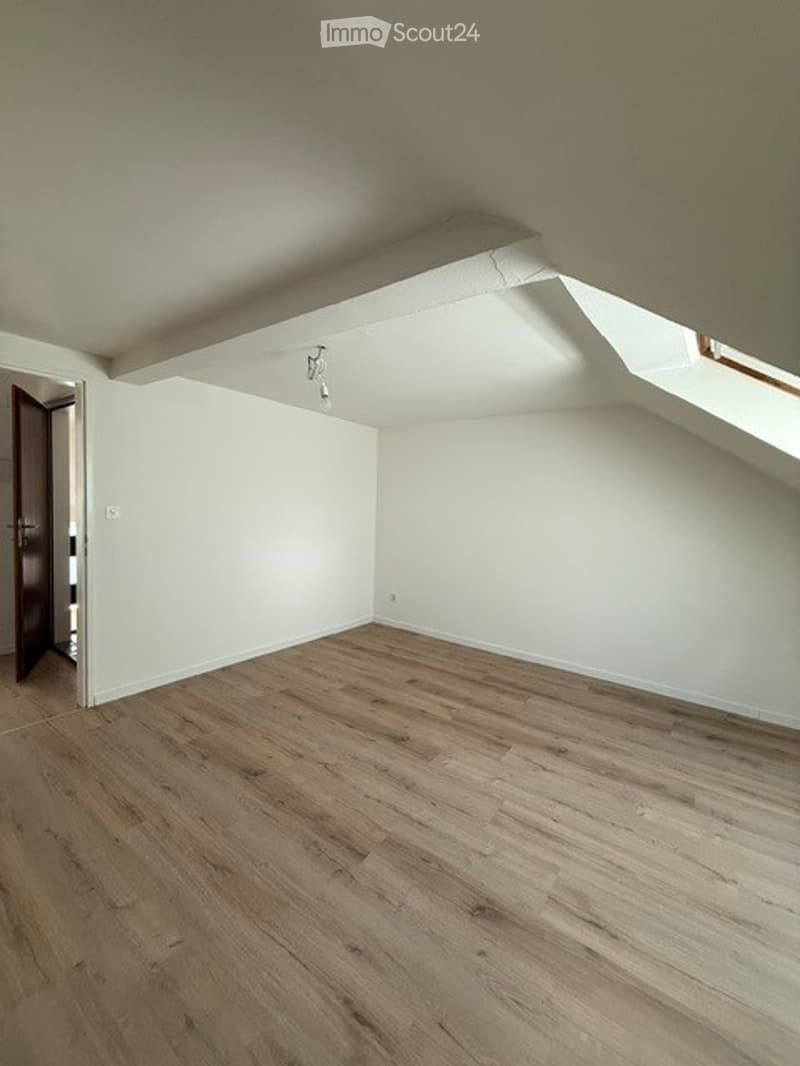 Empty attic room with wooden flooring, white walls, and a skylight window. No furniture or equipment present.