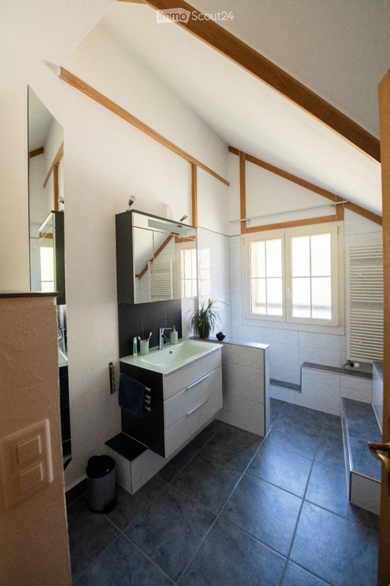 Modern bathroom with a white sink, mirror, and wooden beams on the ceiling. Features include a towel rack, a small plant, and a trash can.