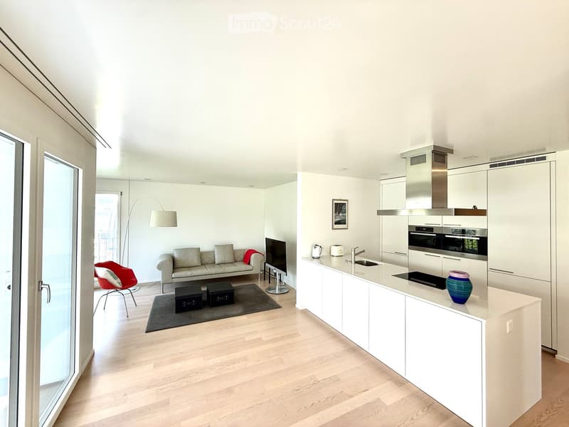 Modern open-plan living and dining area with a sofa, chair, coffee table, and a sleek white kitchen island with built-in appliances and a vase on the counter.