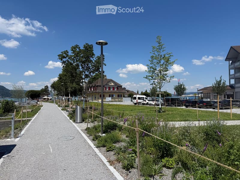 A well-maintained garden area with a gravel pathway, small plants, and a rope barrier, with a parking lot and buildings in the background.