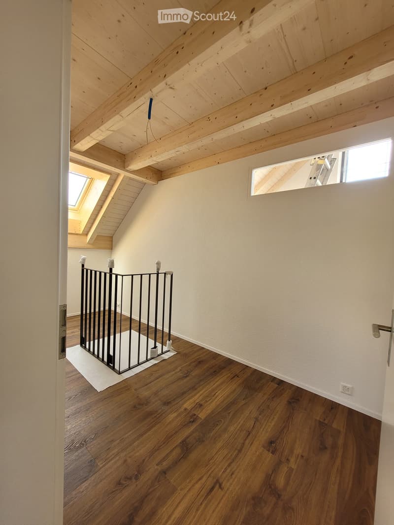 Empty attic room with wooden floors, exposed wooden beams, and skylights. A small black baby gate is placed on a white mat near the entrance.