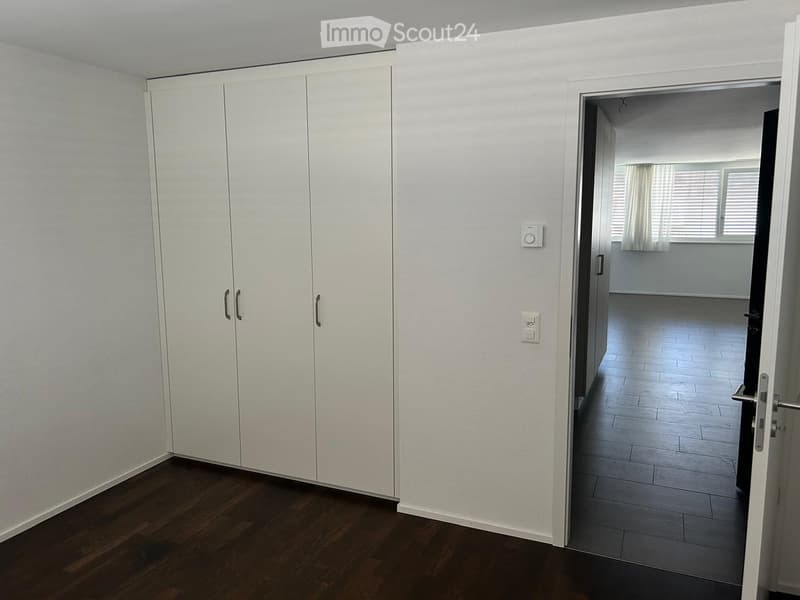 Empty room with wooden flooring, white walls, and a large built-in wardrobe. An open doorway leads to another room with similar flooring and white walls.