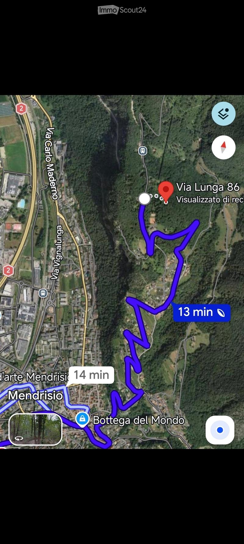 Map showing a route from Mendrisio to Via Lunga 86, with travel times indicated.