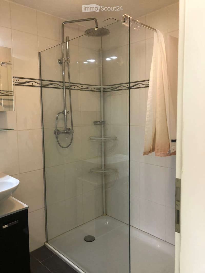 Modern bathroom with a glass-enclosed shower, a sink with a mirror, and a towel hanging on a rack.