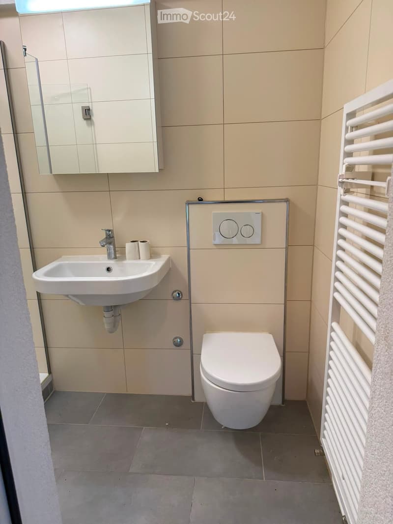 Modern bathroom with a white sink, toilet, radiator, and mirror. Beige tiled walls and grey tiled floor.