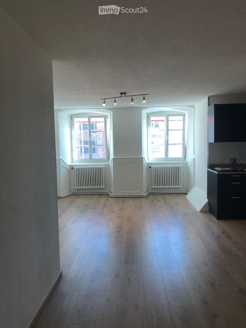 Empty room with wooden flooring, white walls, and large windows. Minimalist design with visible radiators and track lighting.