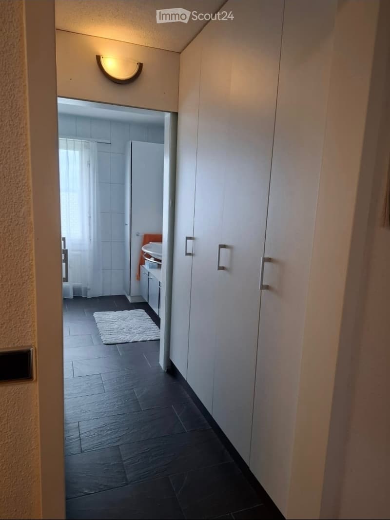 A narrow hallway with dark tiled flooring, light-colored walls, and a built-in wardrobe with mirrored doors. A small white rug is placed near the entrance to a bathroom, which has white tiles and a sink visible.