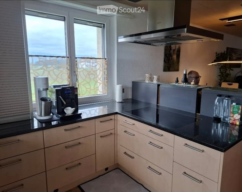 Modern kitchen with light wood cabinets, black countertops, stainless steel appliances, and a large window offering a scenic view.