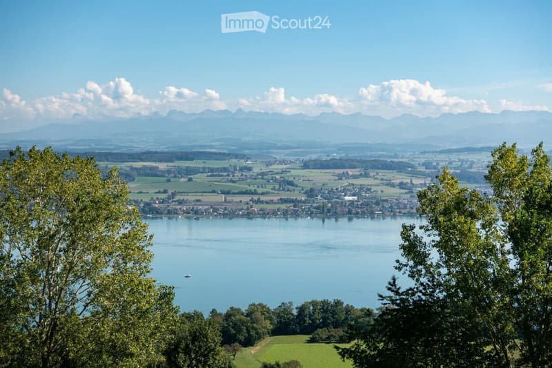 Panoramic view of a lake surrounded by green fields, trees, and distant mountains under a clear blue sky.