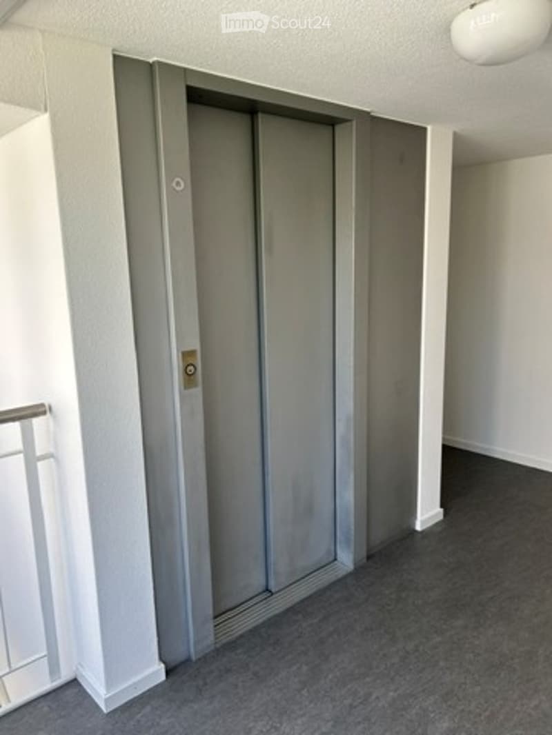 Empty hallway with grey carpeted floor, white walls, and a closed elevator door.