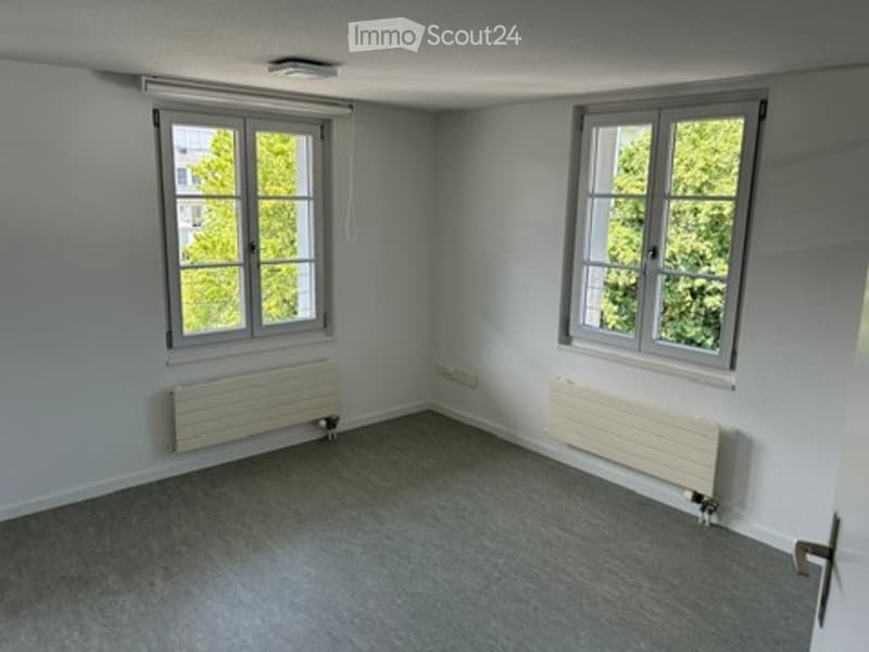 Empty room with light blue walls, grey carpet, two windows with white frames, and white radiators under each window.