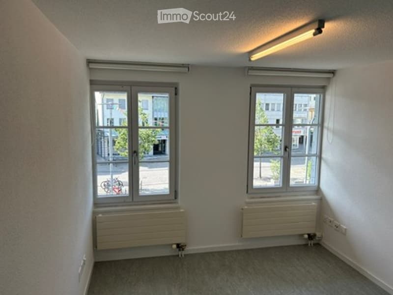 Empty room with two windows, radiators, and a grey carpeted floor. No furniture or equipment present.