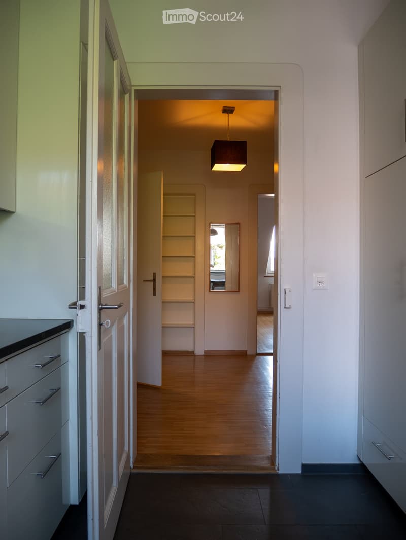 Clean, modern hallway with wooden flooring, white walls, and a hanging light fixture. Open doors lead to adjacent rooms, including a visible shelf unit and a mirror.