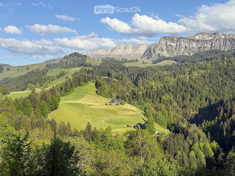 A panoramic view of a lush green valley surrounded by dense forests and towering mountains under a partly cloudy sky. A few scattered houses are visible in the valley.
