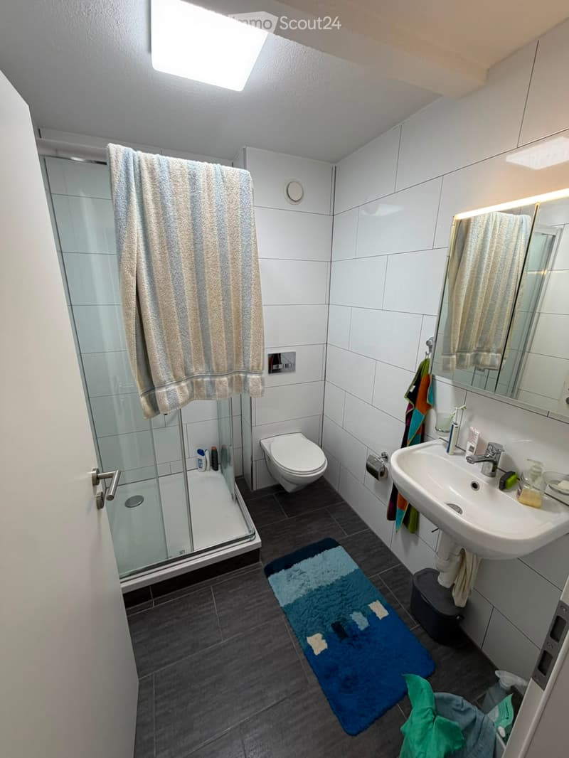 Modern bathroom with white tiles, a glass-enclosed shower, a toilet, a sink with a mirror, and a blue bathmat on the floor.