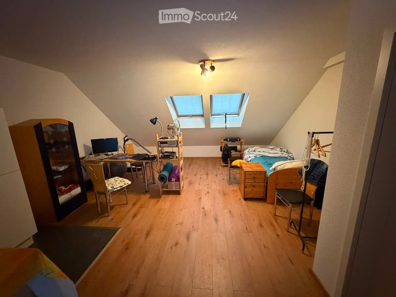 Cozy attic bedroom with wooden floors, slanted ceilings, and skylights. Features a bed, desk with computer, chair, mirror, storage unit, and small fan.