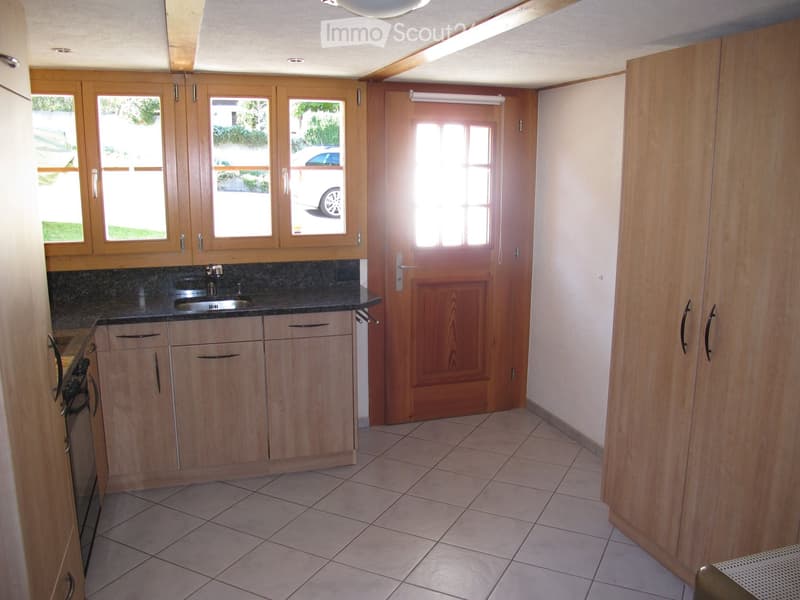 Empty kitchen with wooden cabinets, tiled floor, and a sink with a faucet. Large windows provide natural light, and a door leads outside.