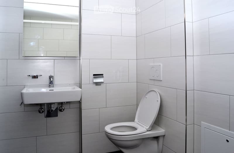 Modern bathroom with white tiled walls, a white sink with a chrome faucet, a toilet with the lid up, a large mirror above the sink, and a light switch on the wall.