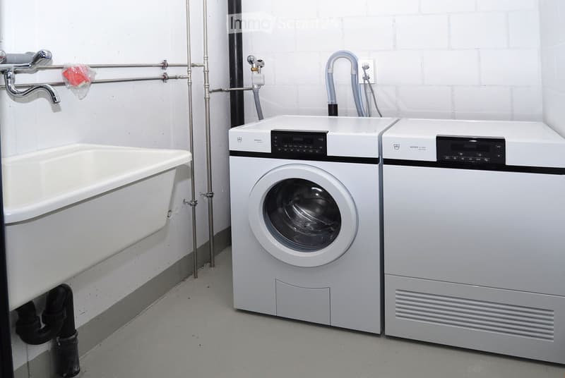 Bathroom with a bathtub, washing machine, and dishwasher. Exposed pipes and a faucet are visible on the wall.