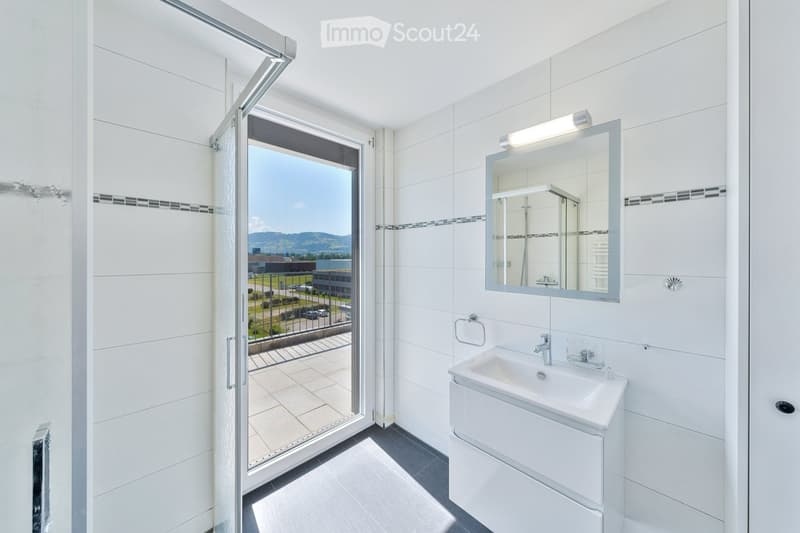 Modern bathroom with white tiles, a sink, a mirror, and a view of the outdoor area through a glass door.