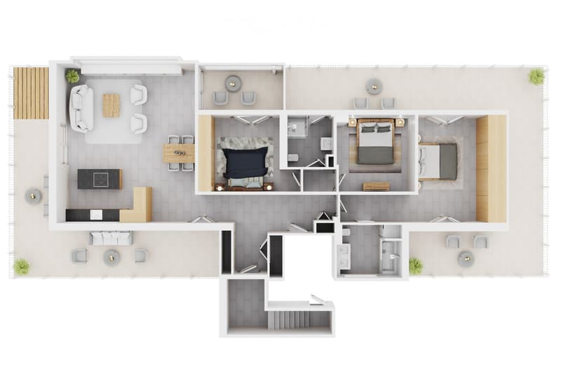 Layout of a modern apartment featuring a living room, dining area, kitchen, two bedrooms, and two bathrooms. Includes built-in storage and a balcony.