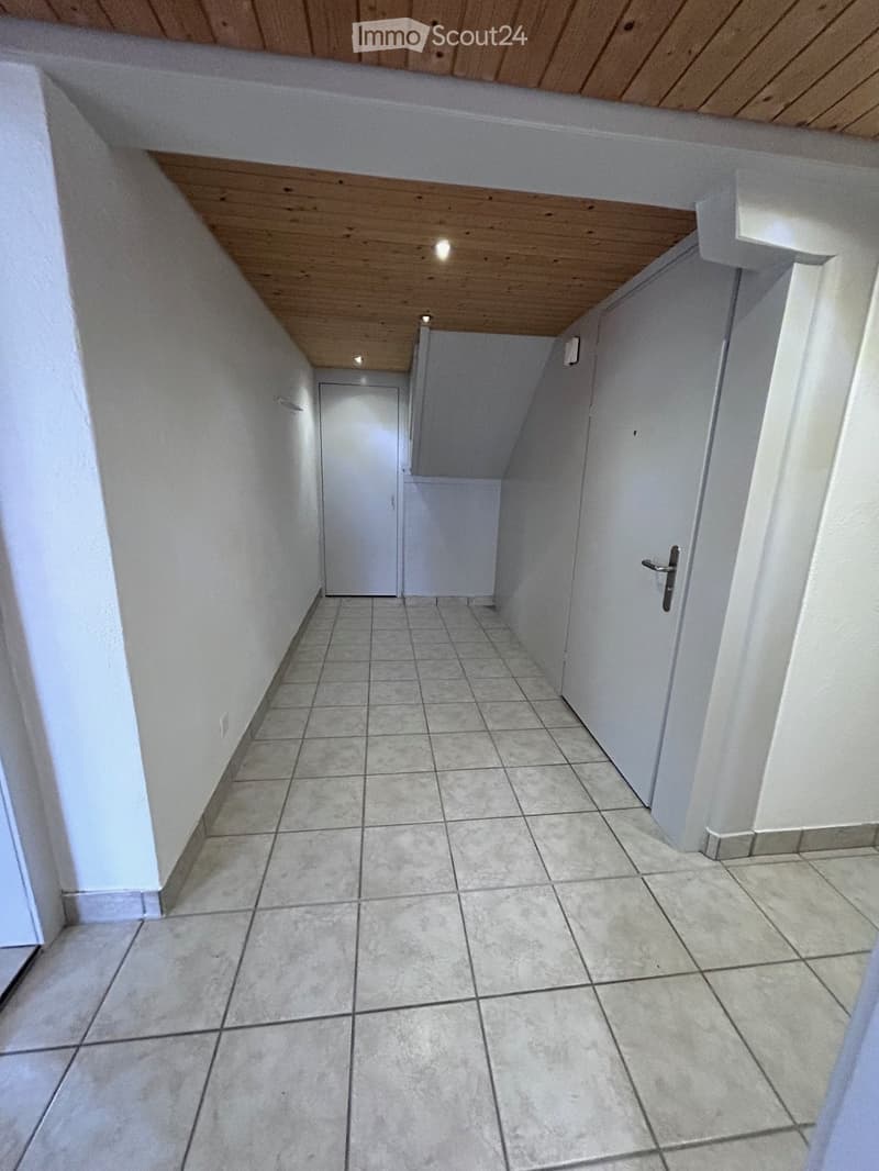 Empty hallway with tiled floor, white walls, and wooden ceiling. Features a closed door at the end and a light fixture on the ceiling.