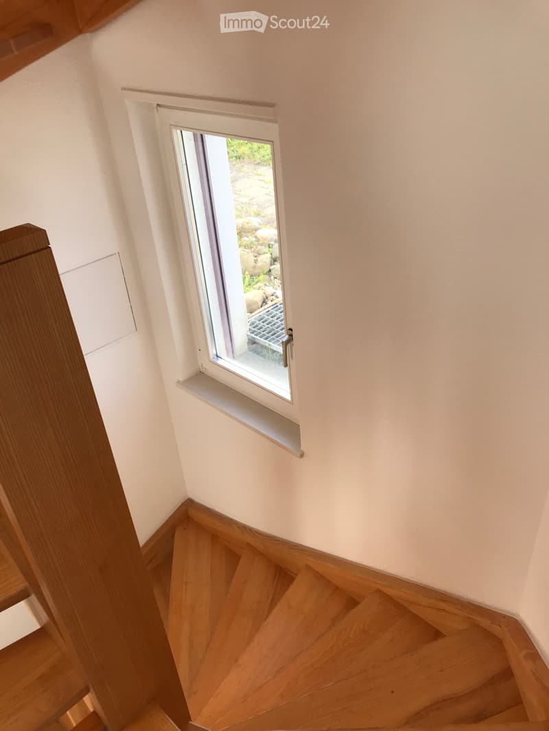 Wooden staircase with a small window overlooking a garden area with rocks and plants.