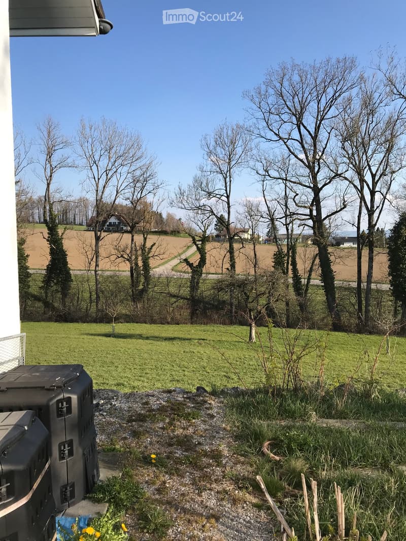 A grassy yard with trees, a clear blue sky, and a view of a rural landscape with fields and houses in the distance.