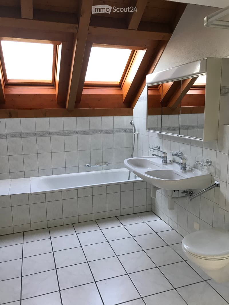 Modern bathroom with white tiled walls and floor, featuring a bathtub, double sink, mirror, and toilet. Skylight windows provide natural light.