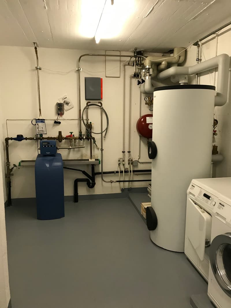 Utility room with water heater, washing machine, water softener, and various pipes and valves.